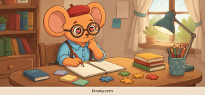کودک کارتونی در حال حل مسئله و فکر کردن برای پیدا کردن راهحل