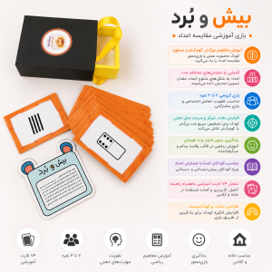 تصویر بسته بازی آموزشی بیش و بُرد شامل کارتهای مقایسه عددی و جعبه نگهدارنده، مناسب آموزش مفاهیم ریاضی به کودکان بهصورت بازیمحور.