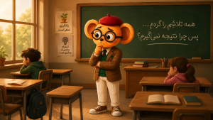 عینکی، موش معلم، با چهرهای متفکر در کلاس ایستاده و روی تخته نوشته شده «همه تلاشم را کردم، پس چرا نتیجه نمیگیرم؟»