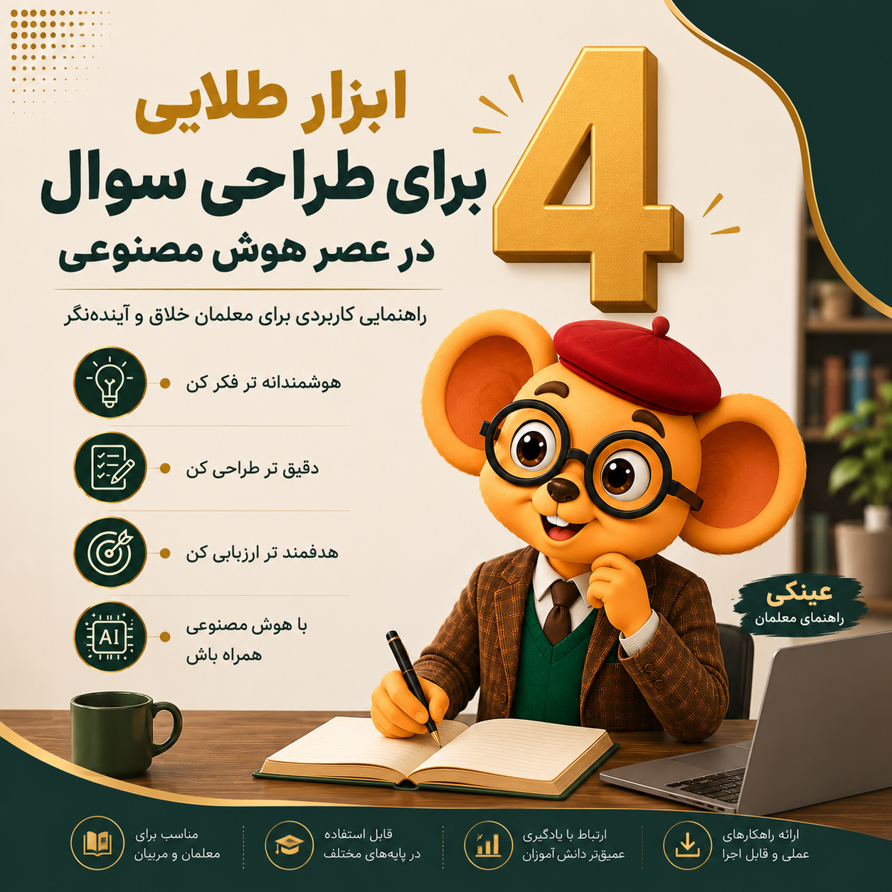 جلد کتاب الکترونیکی آموزشی با شخصیت موش «عینکی» در حال طراحی سؤال، همراه با عنوان «۴ ابزار طلایی برای طراحی سؤال در عصر هوش مصنوعی» در محیطی رسمی و حرفهای.