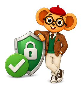 عینکی؛ نماد امنیت، اعتماد و کیفیت تصویر کارتونی سهبعدی موش عینکی با کلاه قرمز و لباس رسمی که در کنار یک سپر سبز با نماد قفل و یک تیک سبز ایستاده و مفهوم امنیت، اعتماد و تأیید کیفیت را نشان میدهد.