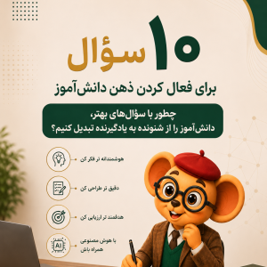 جلد کتاب الکترونیکی آموزشی با عنوان «۱۰ سؤال برای فعال کردن ذهن دانشآموز» که شخصیت موش «عینکی» را در نقش راهنمای معلم، میان دو فضای آموزشی «شنیدن» و «فکر کردن» در یک کلاس درس مدرن نشان میدهد.