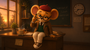 موش عینکی با لبخندی خسته و امیدوار روی لبه میز معلم نشسته و کنار او یک فنجان چای قرار دارد.