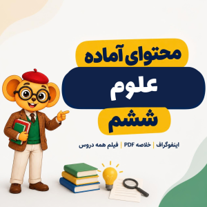 تصویر کاور محصول محتوای آماده علوم ششم با موش عینکی و عناصر آموزشی شامل کتاب، اینفوگراف و فایل PDF.